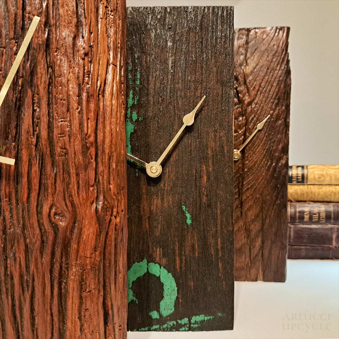 Natural old wood wall clocks made from 150-200 years old beams in the Artucci Workshop.